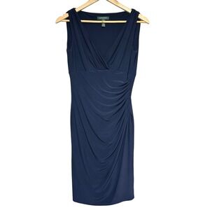 Lauren Ralph Lauren Ruched Dress Womens 6 Navy Surplice Sheath Stretch Classic‎
